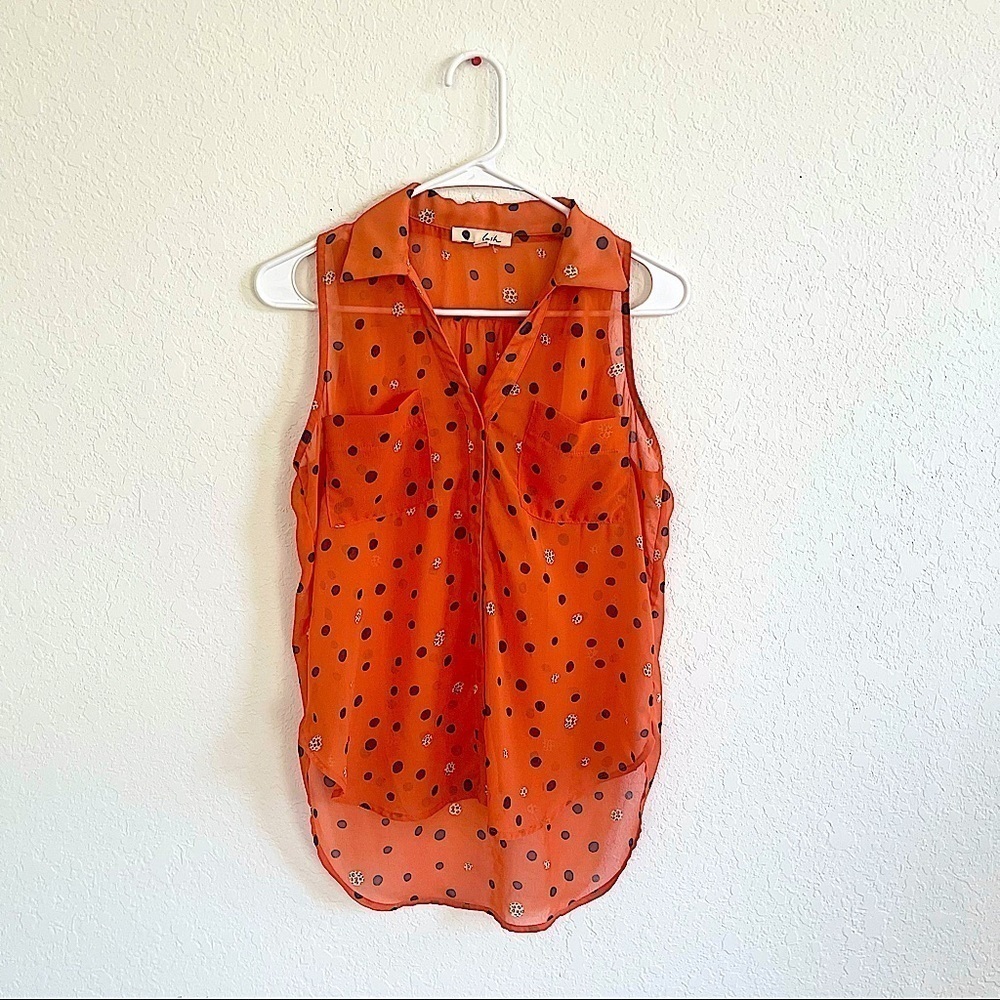 LUSH Orange Polkadot Animal Print Sleeveless Sheer Top Size XS Business Casual
